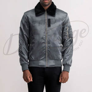 Chaqueta Bomber Gris Satinado para Hombre con Cuello de Piel Sintética, Abrigo de Invierno Estilo Piloto con Cremallera, Bolsillos Utilitarios y Acolchado Cálido - Product Image 6