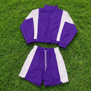 Ensemble de survêtement unisexe violet et blanc à blocs de couleur, manches longues, capuche, short à cordon, style sportif, hiver, adulte, respirant, 100% coton - Product Image 1