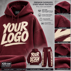 Ensemble survêtement homme personnalisé en coton lourd bordeaux, coupe ample longue avec logo imprimé sur le devant, style streetwear - Product Image 6