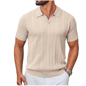 Men’s Beige Knitted Polo Shirt Short Sleeve Textured Stripe Polo Shirt Breathable Fabric Casual Wear OEM ODM Available - Product Image 1