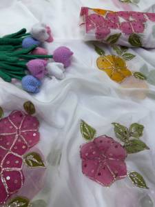 Sari indio de boutique, color rosa, con hermosas cintas y lentejuelas, con pintura al pincel, ropa tradicional india, ropa étnica para mujer. - Product Image 4