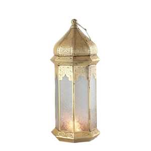 Hand Crafted Golden Lantern Pair Hexagonal Base Transparent Glass Panel Intricate Dome Top Hanging Ring Candle Warm Glow Ambient - Product Image 6