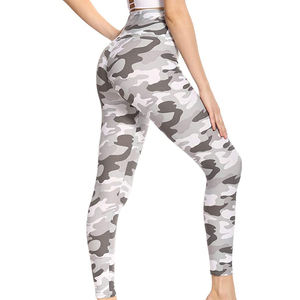 High Waisted Camo Printed Women's <b>Leggings</b> Full Length Stretch Fitness Workout Pants Gray White <b>Pattern</b> Knitted Fabric - Product Image 3