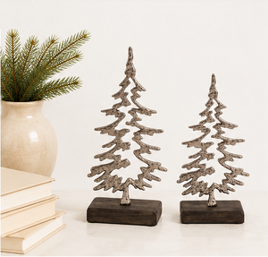 Modern Silver Aluminum Christmas <b>Tree</b> Sculpture Set Of 2 <b>Tabletop</b> Silhouette Holiday Figurine With Wooden Base For Home & Office - Product Image 2