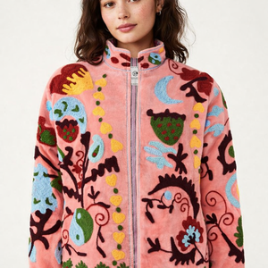 Embroidered Embossed Knitted Velvet <b>Jacket</b> Reversible Varsity Style Autumn Satin Outerwear Floral Pattern <b>Mandarin</b> <b>Collar</b> 100% - Product Image 1