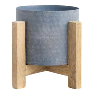 Jardinière Moderne Scandinave en Fer Galvanisé pour Intérieur et Extérieur avec Support en Bois d'Acacia – Pot de Fleurs Gris Élégant pour Décoration de Jardin - Product Image 1