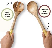 Utensilios de Madera para Servir Ensaladas, Juego de Cuchara y Tenedor de 12 Pulgadas, Madera de Mango Multicolor