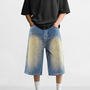 Pantalones Cortos de Mezclilla de Pierna Ancha para Hombre, Cintura Media, Lavado a la Piedra, Teñido Degradado, Algodón, Casuales, de Verano - Product Image 2
