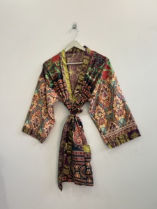 <b>Vintage</b> Patchwork Short Silk <b>Kimono</b> Indian Silk Robe Dress For Women - Product Image 5