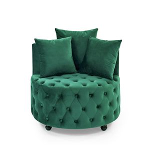 Poltrona Girevole in Velluto Verde per Soggiorno con Design Trapuntato a Bottoni e Ruote Mobili, Include 3 Cuscini - Product Image 5