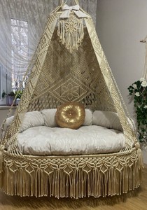 Balançoire de jardin double en macramé, Balançoire double dorée en macramé, Balançoire suspendue, Balançoire de patio, Fauteuil suspendu en macramé, Balançoire double suspendue - Product Image 2