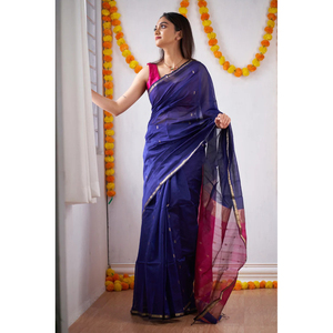 SOIRÉE BANARASI SOIE ZARI TRAVAIL SAREE AVEC CHEMISIER NON COUDU BLEU AVEC ROSE - Product Image 1