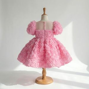 Vestido de Princesa de Lujo al por Mayor, Color Rosa, con Flores 3D, Mangas Abullonadas, Tul y Encaje, para Niñas, Ideal para Fiestas de Cumpleaños, Concursos y Bailes - Product Image 3