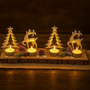 <b>Tealight</b> <b>Holder</b> with Metal Reindeer and Christmas Tree Figures on a Rustic Wooden Base Atmospheric Christmas Decoration - Product Image 1