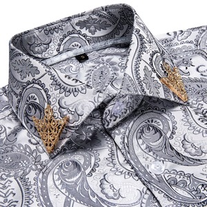 Camisa de Hombre con Diseño Paisley Floral, Color Plateado y Blanco, Estilo Casual de Negocios, Manga Larga, Cuello Clásico, Marca de Moda Masculina, Tejido Satinado - Product Image 4