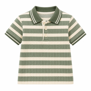 เสื้อโปโลเด็กผู้ชาย สีเขียวเซจ ลายทางสีขาว ผ้าริบเนื้อสัมผัสพิเศษ คอเสื้อตัดกัน แขนสั้น ผ้าฝ้ายลำลอง เสื้อฤดูร้อน - Product Image 4