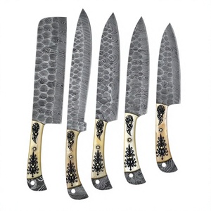 Custom Handmade Hand Forged Damascus Steel Kitchen Chef <b>Knife</b> Set 5-Piece with Engraved Camel <b>Bone</b> <b>Handle</b> & Leather Sheath Roll - Product Image 1