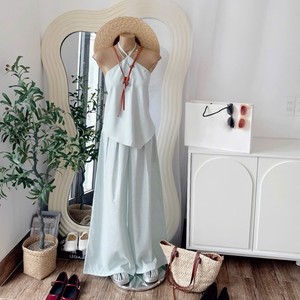 Women Solid Color Halter Top Wide Leg Pants <b>Set</b> Loose Fit Breathable Polyester Casual Spring Summer Two Piece Outfit - Product Image 5
