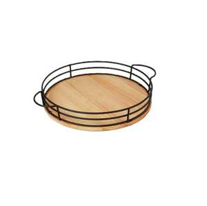 Plateau de service rond en bois avec cadre métallique noir et poignées, style rustique, pour table basse ou centre de table - Product Image 1