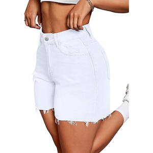 Women's High Waist <b>Denim</b> Shorts <b>Stretch</b> Fabric Raw Hem Summer Jorts Bangladesh Factory Supplier - Product Image 2