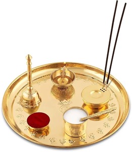 Religious Decor Brass Pooja Thali Set Traditional Design Puja Plate with Diya Bell Kalash <b>Mandir</b> Use - Product Image 2