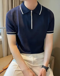 Men's Short Sleeve Solid Color Knitted Polo Shirt Zipper Design Smart Casual Regular Fit Navy Blue with White Trim - Product Image 4