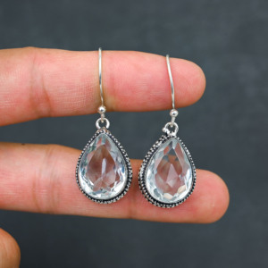 Boucles d'oreilles personnalisées en argent sterling 925 avec topaze blanche créée en laboratoire, 1,9 pouce, bijoux en pierres précieuses faits à la main, boucles d'oreilles fines antiques, cadeau pour femme - Product Image 4