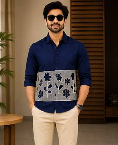 Chemise pour homme en lin de qualité supérieure, brodée, à manches longues, coupe classique, col ouvert, fermeture boutonnée, élégante, décontractée, vêtement de mode - Product Image 1