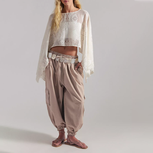 Pantalon de survêtement décontracté beige en molleton de coton pour femme, coupe ample, taille élastique, longueur cheville, style printemps, couleur unie, effet délavé vintage, avec poches - Product Image 4