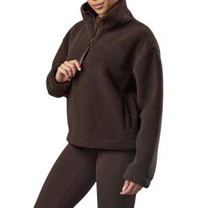 Veste en sherpa pour femmes, col montant, marron foncé, hiver, coupe ample, demi-zip, col montant, vestes en polaire pour femmes - Product Image 1