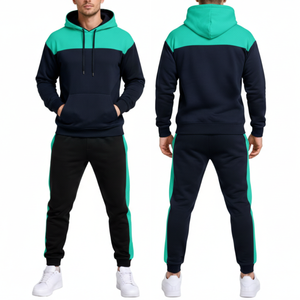 Conjunto Deportivo Personalizado para Hombre en Azul Marino y Verde Azulado, Sudadera con Bloques de Color y Pantalones, Dos Piezas, Ropa Deportiva de Alto Rendimiento para Gimnasio - Product Image 3