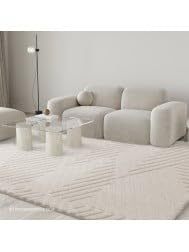 Tapis rectangulaire de luxe à poils longs, tufté à la main, motif géométrique quadrillé blanc pur, antidérapant, en PET - Product Image 3
