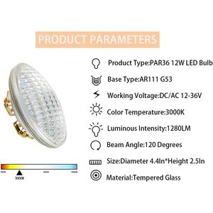 Bombilla LED PAR36 de 12W para Paisajismo, Reemplazo de Halógeno de 80W, Blanco Cálido 3000K, 12V AC/DC, Categoría de Producto: Luces de Proyección - Product Image 5