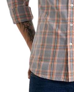 Camisa de algodón a cuadros gris claro y melocotón para hombre, manga larga, con botones, informal, de fábrica OEM, corte personalizado, de primera calidad. - Product Image 5