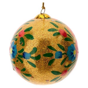 Adorno Navideño de Papel Hecho a Mano, Diseño Floral Tradicional, Base Dorada, Flores Rojas y Azules, Esfera Decorativa Colgante - Product Image 6