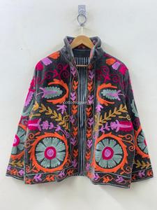 Chaqueta de Terciopelo con Bordado Floral a Mano, Estilo Bohemio, Manga Larga, Cuello Alto, Talla Grande, Ropa de Abrigo Otoñal para Mujer - Product Image 3
