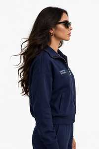 Ensemble de survêtement décontracté pour femme ONETEN APPAREL, bleu marine, en coton, avec fermeture éclair, col montant, manches longues et pantalon de jogging uni - Product Image 5