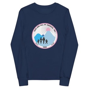 เสื้อสเวตเชิ้ตแขนยาวคอกลมสีน้ำเงินกรมท่าสำหรับวัยรุ่นพร้อมโลโก้แจ็คแอนด์จิลออฟอเมริกา 1938 เสื้อสวมหัวผ้าฝ้ายลำลองสำหรับทุกวัน - Product Image 4