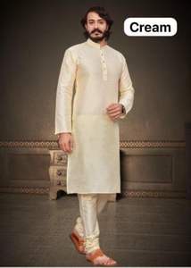 Ensemble Kurta Pajama de créateur en soie douce de qualité supérieure, tissé sur mesure, avec motif ton sur ton - Product Image 3