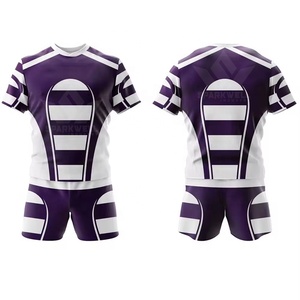 Ensemble de maillots de rugby personnalisés pour hommes, rayé violet et blanc, respirant, coupe athlétique, manches courtes, vêtements de sport toutes saisons - Product Image 2
