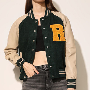Women's Varsity Jacket Full Sleeve Button Up Collar Solid Color Contrast Trim Regular Fit Embroidered Letter Front Autumn Wear - Product Image 1
