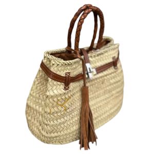 Sac à poignée supérieure avec pompon : Sac de shopping tendance et écologique en feuille de palmier tressée - Product Image 1