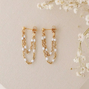 Pendientes Delicados de Doble Cadena con Perlas y Esmalte Blanco, con Cuentas Colgantes, Plata de Ley 925, Bañados en Oro de 14K, para Aniversario - Product Image 1