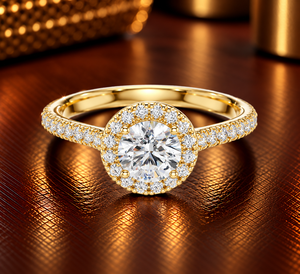 Bague de fiançailles solitaire en or 14K 18K avec halo de diamants de laboratoire taille brillant 1,05 carat DEF VVS, bande pavée plaquée rhodium ODM - Product Image 1