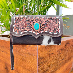 กระเป๋าสตางค์หนังวัวแท้สำหรับผู้หญิงเคสโทรศัพท์หนังเครื่องมือลายดอกไม้ตะวันตก & กระเป๋าใส่บัตรมีดีไซน์ซ่อนผม - Product Image 5