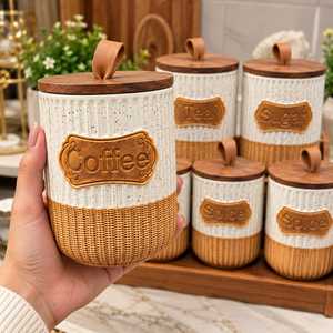 Collection de pots de cuisine rustiques en céramique avec couvercle en bambou et base en rotin tressé, couvercle moderne de luxe, multifonction, 201-300 ml - Product Image 2