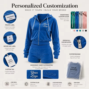 Ensemble de survêtement en velours pour femme, sweat à capuche et short, manches longues, fermeture éclair sur le devant, 2 pièces, décontracté, couleur unie, toutes saisons - Product Image 5