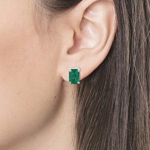18K Solid Gold Octagon <b>Emerald</b> <b>Stud</b> <b>Earrings</b> with Oval Cut Diamond and Pearl - Product Image 1