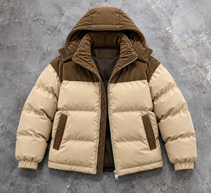 <b>Men's</b> Color Block <b>Corduroy</b> Puffer <b>Jacket</b> Hooded Zipper Closure Cotton Padded Winter Outerwear Finished Regular Fit - Product Image 4