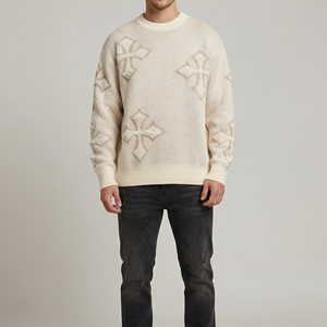 Pull en laine tricoté torsadé décontracté pour homme, personnalisé OEM, avec broderie chenille standard pour l'hiver, col rond, qualité supérieure, fourniture ODM - Product Image 1